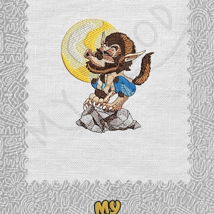 Puede incluir: Parche bordado con un hombre lobo de dibujos animados con gafas de sol y un atuendo azul, posado sobre una roca con una luna amarilla de fondo. El parche incluye el texto "My Mood" en una fuente estilizada.