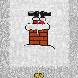 May include: Embroidered design of Santa Claus's legs sticking out of a brick chimney with snow on top. The design is on a white fabric background.