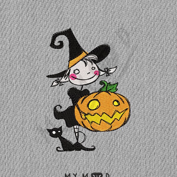 Spooky witchy girl witch lady Halloween night pumpkin black cat Machine Embroidery digital design inst download 13 formats Size 2.64"x3.86"