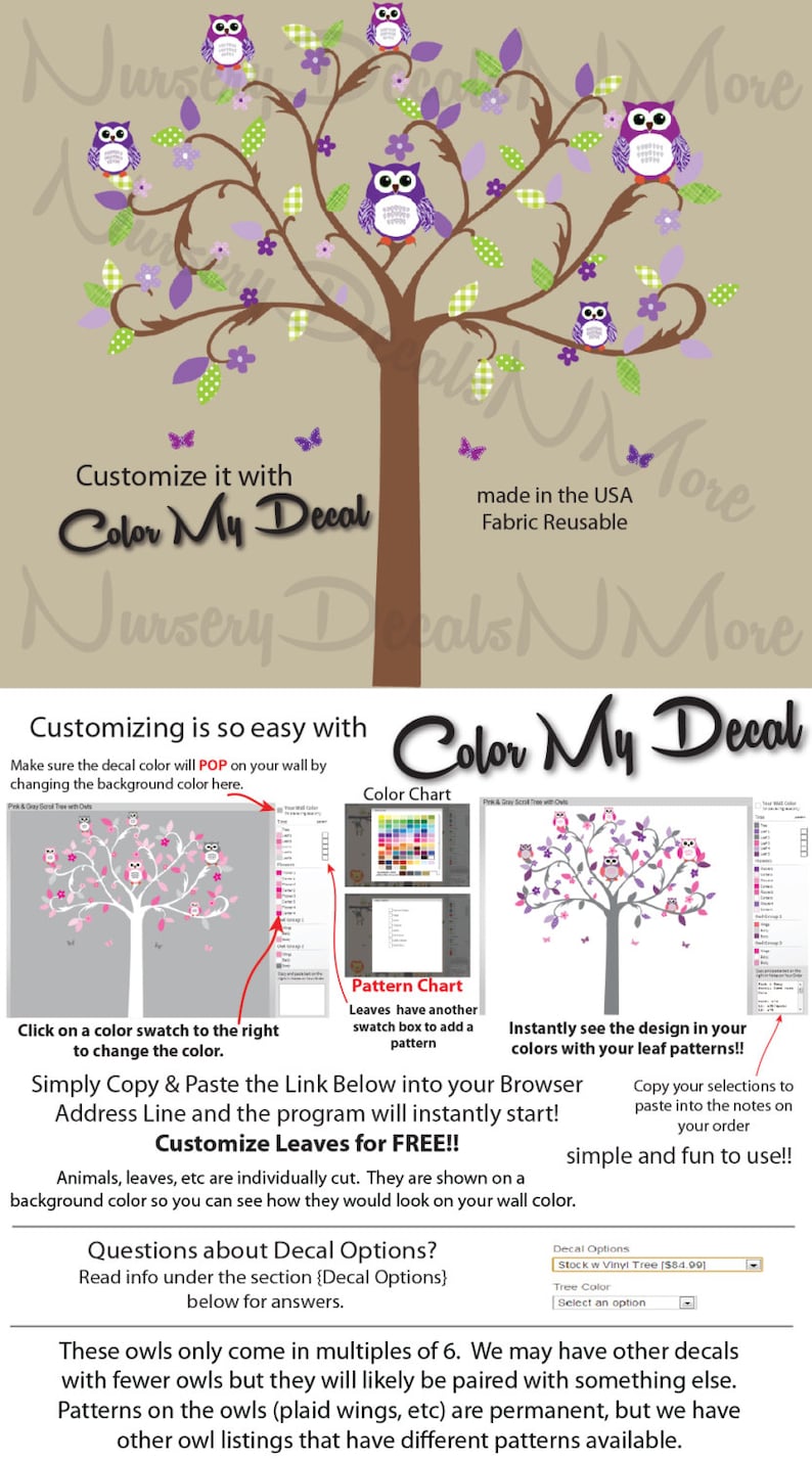 owls wall decals stickers nursery girls Girl Scroll Tree Reg Owls Tree Decal with flowers STWO Scroll Tree Reg Owls Purple Green