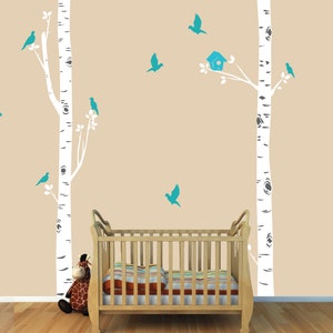 Custom Birch Trees with Birds and Bird House, Tree Wall Decals, Nature Wall Decals, Forest Wall Decals, Bird Decal NBT 2 Trees w Birds