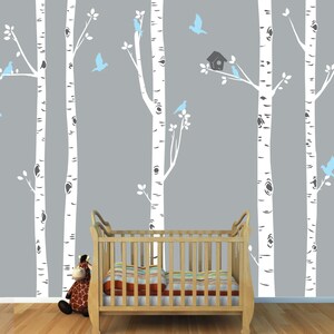 Custom Birch Trees with Birds and Bird House, Tree Wall Decals, Nature Wall Decals, Forest Wall Decals, Bird Decal NBT 5 Trees w Birds