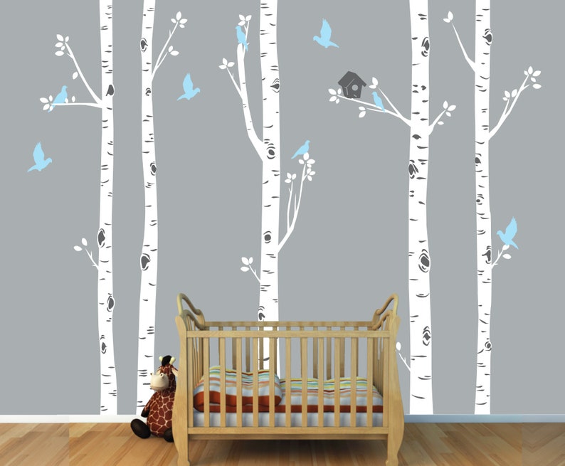 Custom Birch Trees with Birds and Bird House, Tree Wall Decals, Nature Wall Decals, Forest Wall Decals, Bird Decal NBT 5 Trees w Birds