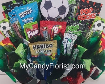 SOCCER Candy Bouquet Gift - can be used for a SPORTS Soccer Edible Gift for an injured team mate, a party Centerpiece or a Birthday Gift!