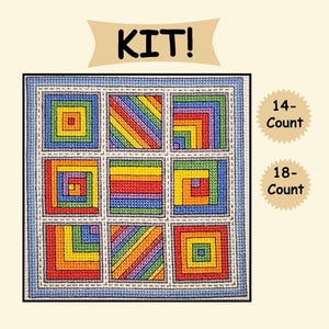 May include: A colorful cross-stitch kit featuring a geometric design with rainbow hues. The kit includes a square pattern with nine individual squares, each with a unique design. The text "KIT!" is at the top, and "14-Count" and "18-Count" are on the right.