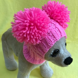 Pet Clothes Winter Snow Hat Pullover Hoodie Hat with Big Pom Poms for Small Dog Hand Knitted Nice Gift Bright Pink