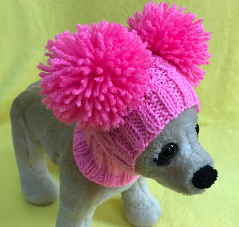 Pet Clothes Winter Snow Hat Pullover Hoodie Hat with Big Pom Poms for Small Dog Hand Knitted Nice Gift Bright Pink