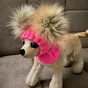 Hand-Knit Dog Hat with Faux Fur Pom Poms: Small Dog Apparel