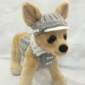 May include: A small, light brown dog wearing a gray knitted sweater and hat with white accents. The sweater has bone-shaped buttons.