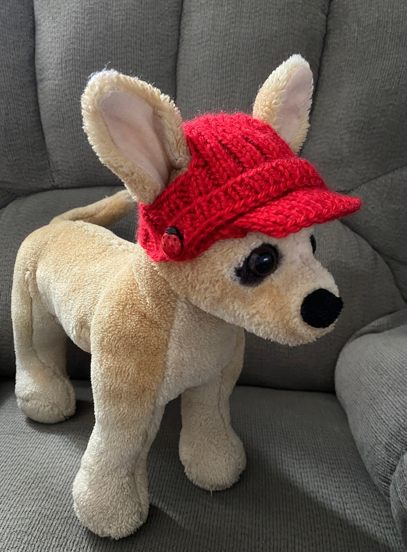 May include: A plush dog wearing a red knitted hat with a black button. The hat has a brim and is pulled down over the dog's ears.
