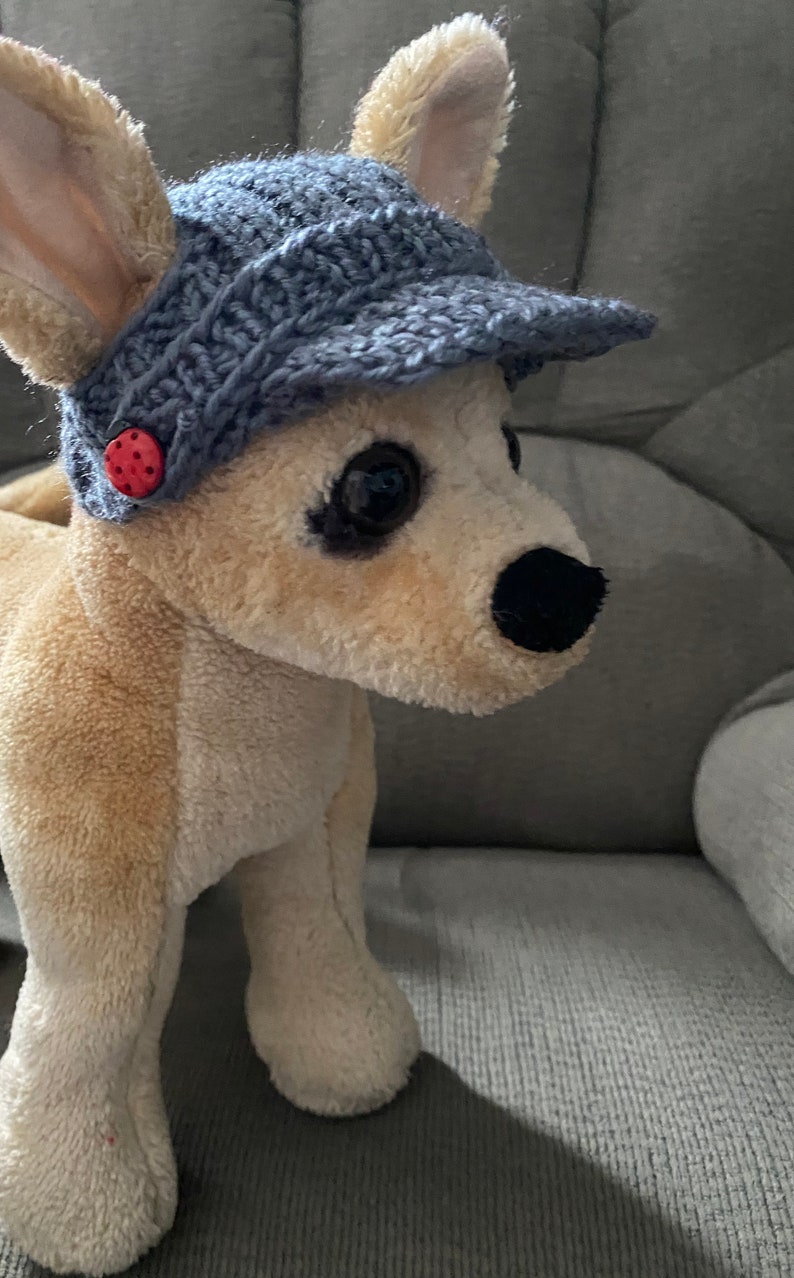 May include: A small, light brown plush dog wearing a blue crocheted hat with a red button. The dog is sitting on a gray couch.