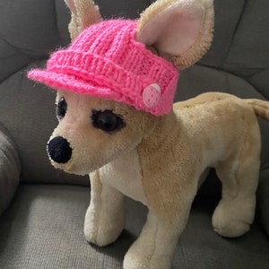 May include: A plush dog wearing a pink knitted hat with a button on top. The hat has a brim and is crocheted.