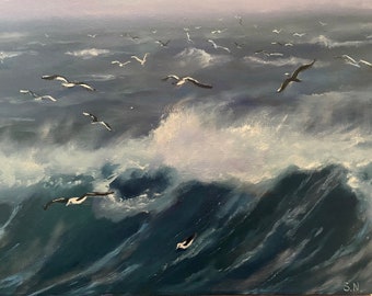 Art Work Original Oil Painting on stretched canva 16X20 inches Beautiful Gulls Seascape  Nice Gift