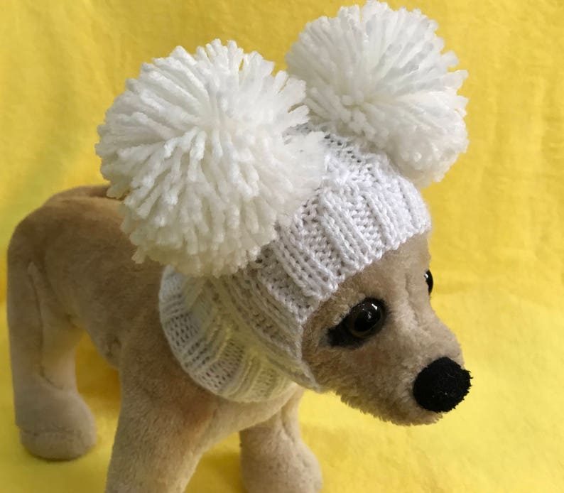 Pet Clothes Winter Snow Hat Pullover Hoodie Hat with Big Pom Poms for Small Dog Hand Knitted Nice Gift White