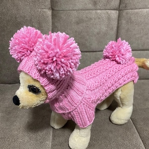 Hand-Knitted Dog Sweater Dress: Pink Pom Pom Outfit for Small Dogs