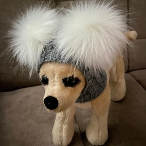 Hand-Knit Dog Hat with Faux Fur Pom Poms: Small Dog Apparel