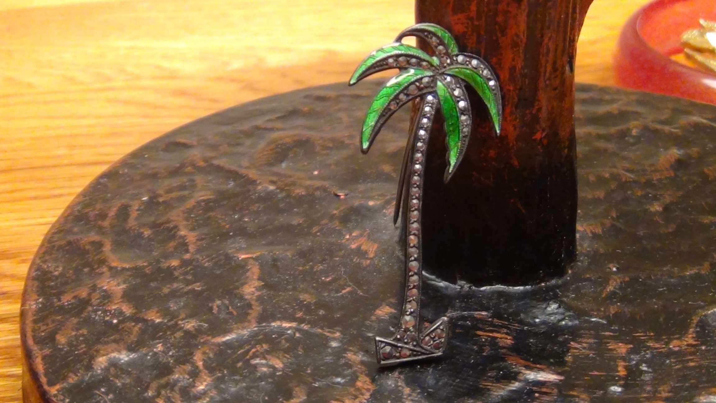 Two Vintage Palm Tree Brooch Pins Sterling Plastic 
