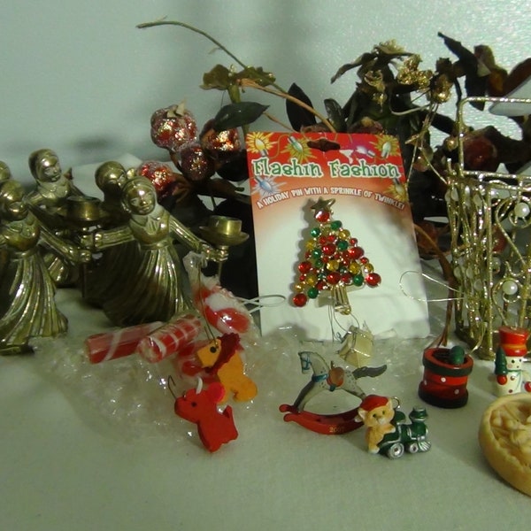 Christmas vintage to modern, brooches, nativity, mini ornaments, brass angel, gold ornaments