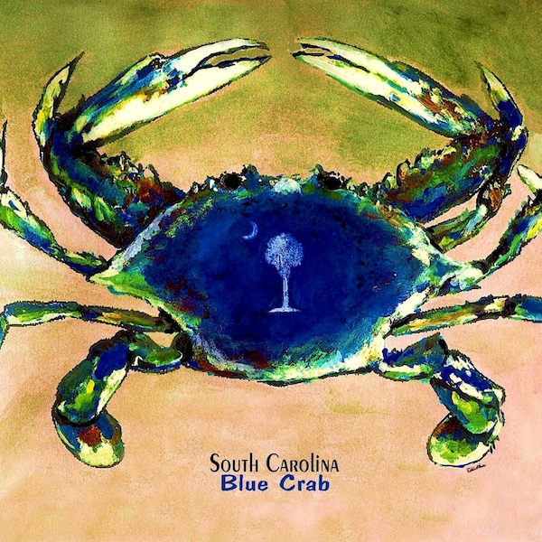 SC.. Blue Crab with a palmetto tree size 16x20 giclee print