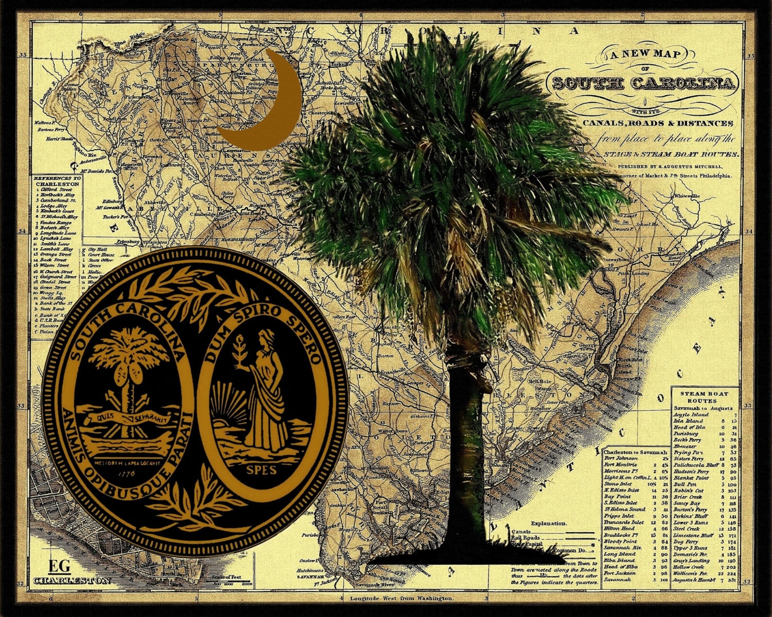 South Carolina antique map with palmetto tree and S.C. seal