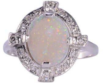 Vintage Opal & Diamond White Gold Ring