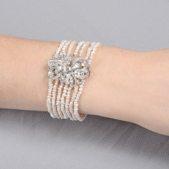 Vintage Baroque Cultured Pearl and Diamond Bracel… - image 2