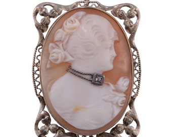 Shell Cameo Pin or Pendant of Woman with Diamond Necklace