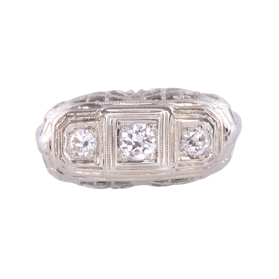 Edwardian Three Diamond Filigree Ring - image 1