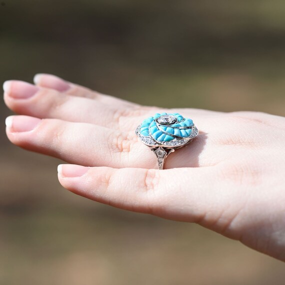 Custom Diamond & Turquoise Platinum Ring - image 6