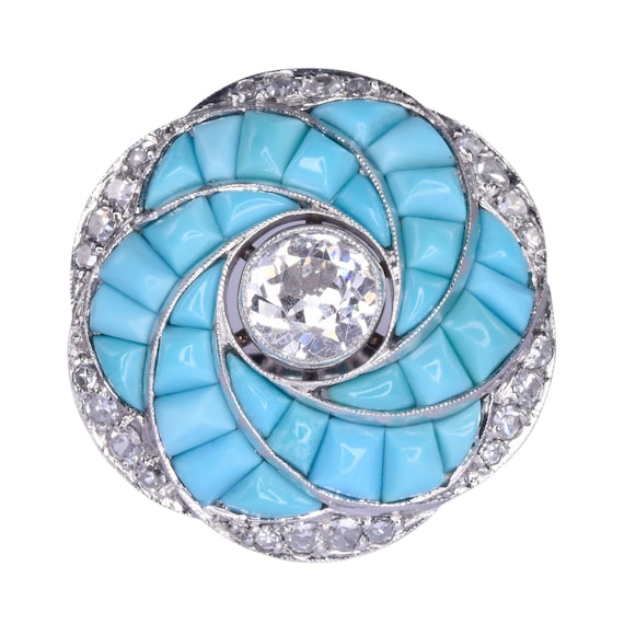 Custom Diamond & Turquoise Platinum Ring - image 1