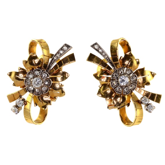 Diamond 18K Gold Retro Clip Earrings - image 1