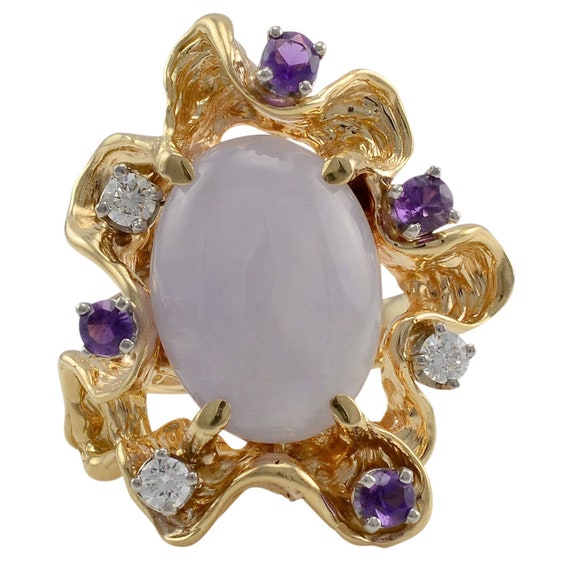 14K Yellow Gold Lavender Jadeite, Diamond and Amethyst Ring