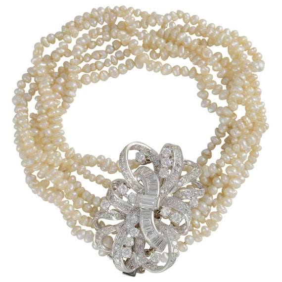Vintage Baroque Cultured Pearl and Diamond Bracel… - image 1