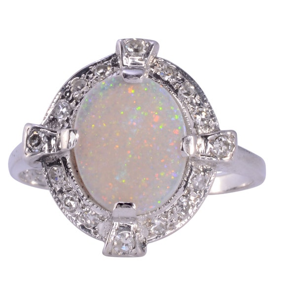 Vintage Opal & Diamond White Gold Ring