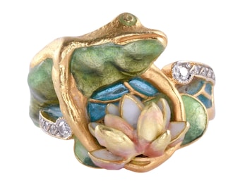 Masriera 18K Enamel Frog & Water Lily Ring