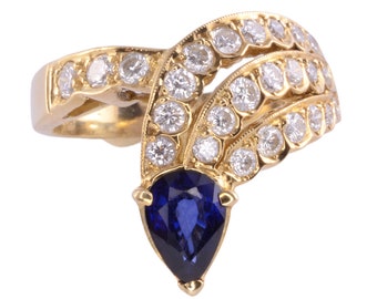Pear Sapphire Diamond 18K Ring - Size 7.75
