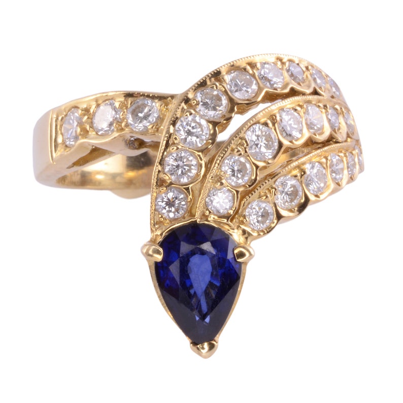 Pear Sapphire Diamond 18K Ring Size 7.75 image 1