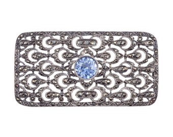 Marcasite & Blue Stone Sterling Silver Brooch