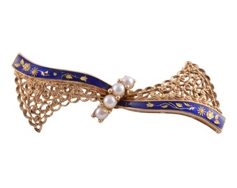 Blue Enamel & Pearl Bow Brooch