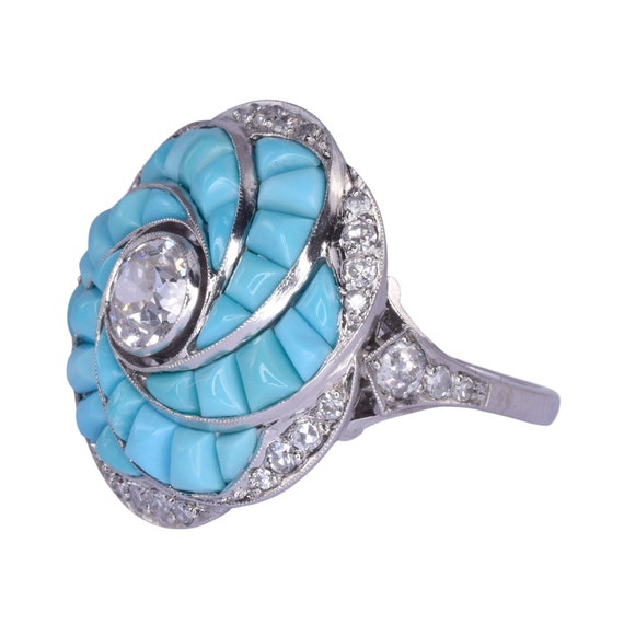 Custom Diamond & Turquoise Platinum Ring - image 2