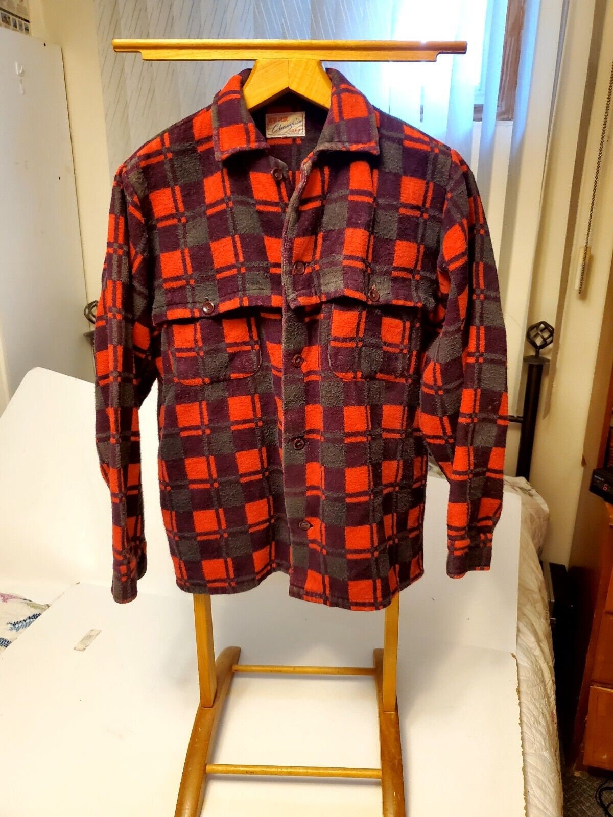 vintage champion lumber jacket buffalo plaid checkered flannel shirt red medium