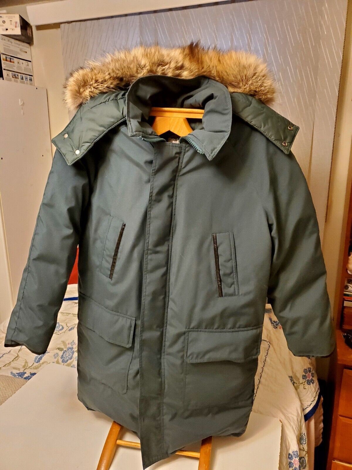 GOLDEN GOOSE Down Parka Spruce Green Mens Jacket Medium W Fur Trim
