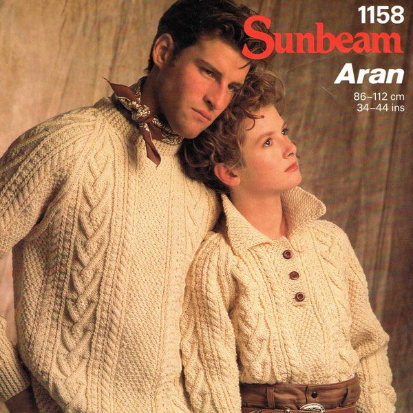 Camisa para adultos y cuello redondo Aran suéter jersey tamaño 86-112cm 34 - 44 en Sunbeam 1158 Vintage Knitting Pattern - Descargar - PDF