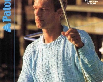 Suéter de cuello redondo para hombre y niño, jersey de punto de cuadros, talla 81-112 cm (32-44 pulgadas), patrón de tejido vintage Patons Cotton Soft 8238 - PDF