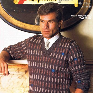 Man V Neck Sweater Pullover Jumper with Swiss Darning DK Size 86 - 112cm (34 - 44inch) Patons Diploma 7943 Vintage Knitting Pattern - PDF