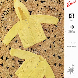 Chaqueta Cárdigan Bebé Niño Niña con y sin Capucha Emu 4 capas y DK 8532 talla 48 a 53 cm 19 a 21 pulgadas Patrón de Tejido Vintage - PDF