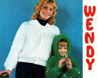 Lady Girl Hooded Collar Cardigan Jacket - Size 66 to 86 cm (26 to 34 inch) - Wendy 1628 - Vintage Knitting Pattern - PDF