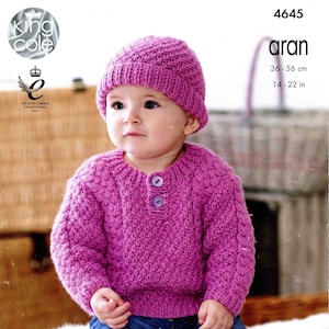 Small Child Aran Sweater Jumper Pullover Trousers Hat Mittens - Size 36-56cm (14-22 inch) - King Cole Aran 4645 Vintage Knitting Pattern PDF