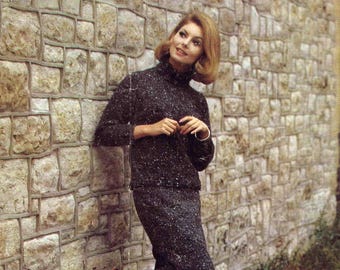 Lady High-Neck Sweater Suit - Sweater and Skirt - Patons Bracken Tweed 9085 - Vintage Knitting Pattern - PDF