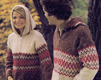 Adult Unisex Hooded Jacket  - Size 86 to 112 cm (34 to 44 inches) Patons Husky 1257 - Vintage Knitting Pattern - PDF